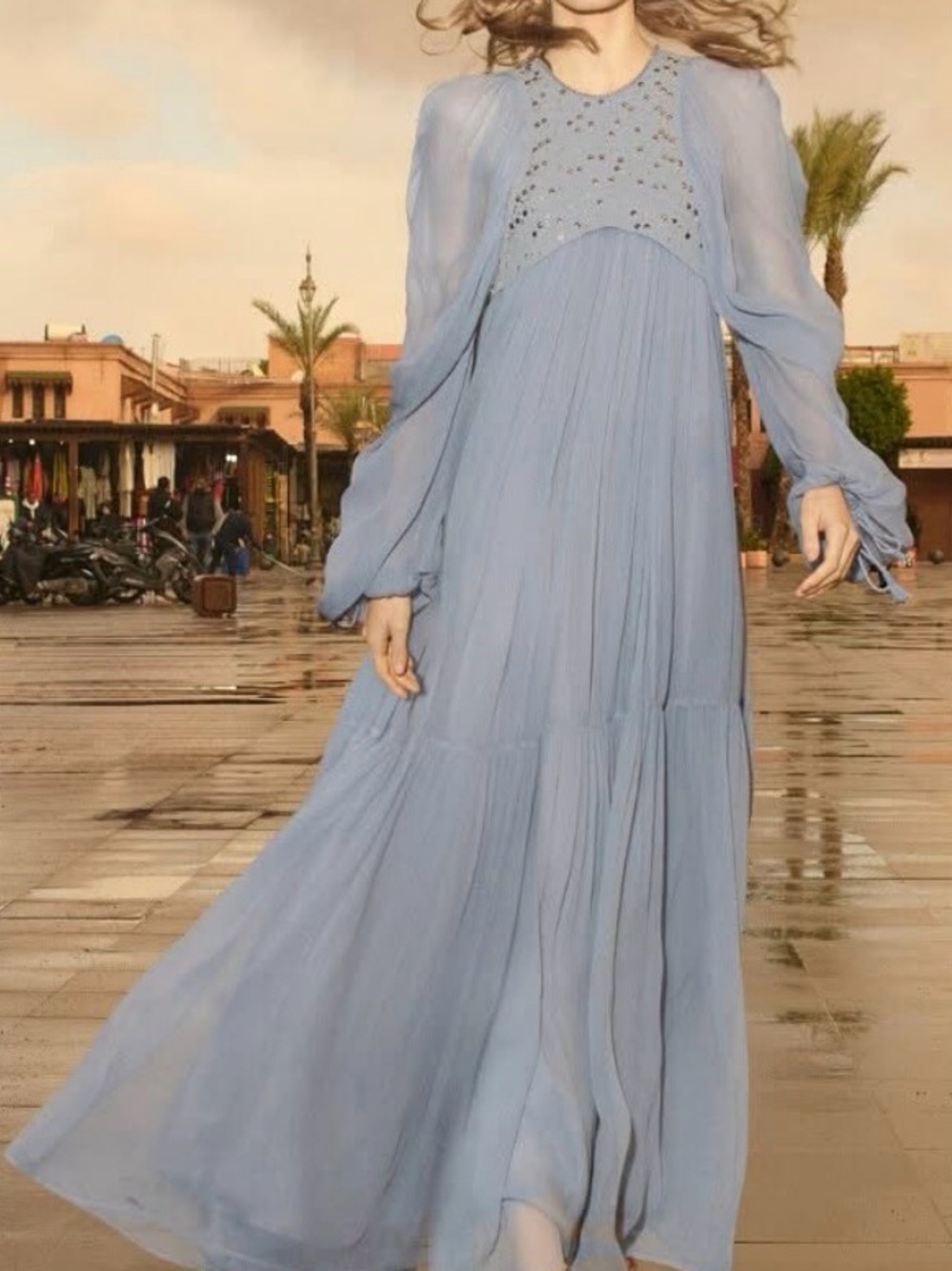 H&M Pale Blue Pleated Maxi Dress with Embellished Yoke